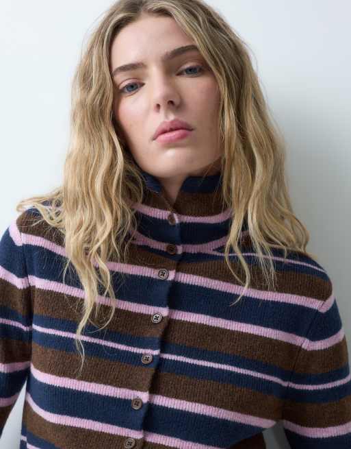 ASOS DESIGN cardigan a coste a righe con collo a imbuto in rosa cioccolato e navy, 4 di 4