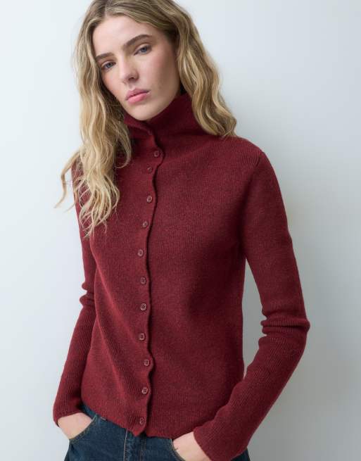 ASOS DESIGN cardigan a coste con collo a imbuto bordeaux, 3 di 4