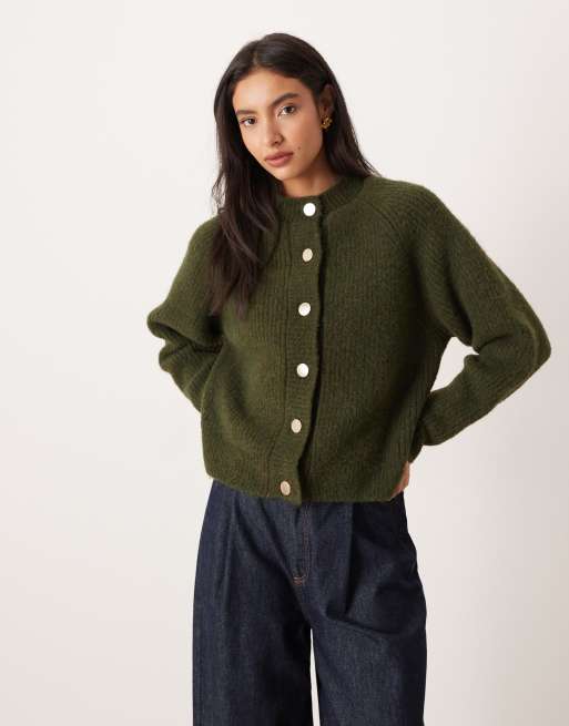ASOS DESIGN - Cardigan a coste inglesi con dettaglio in raglan color oliva