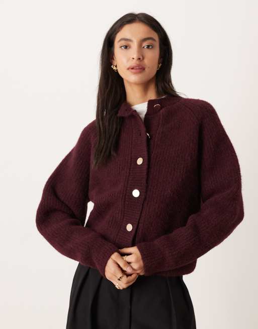ASOS DESIGN - Cardigan a coste inglesi con dettaglio in raglan color prugna