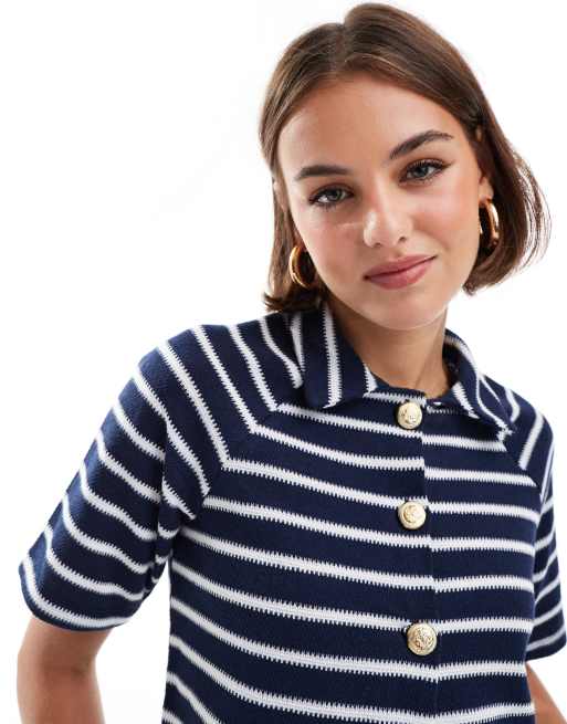 ASOS DESIGN - Cardigan a maniche corte blu navy a righe bianche, 3 di 4