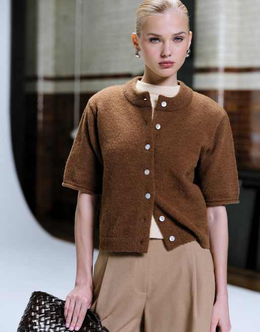 ASOS DESIGN - Cardigan a maniche corte color caramello con bordi risvoltati