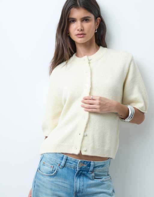 ASOS DESIGN - Cardigan a maniche corte comodo leggero color crema, 3 di 4
