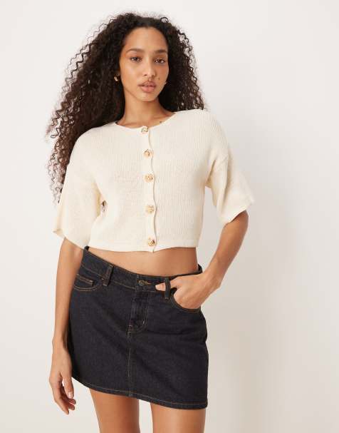 ASOS DESIGN - Cardigan a maniche corte in maglia color pietra con bottoni color oro - view 1