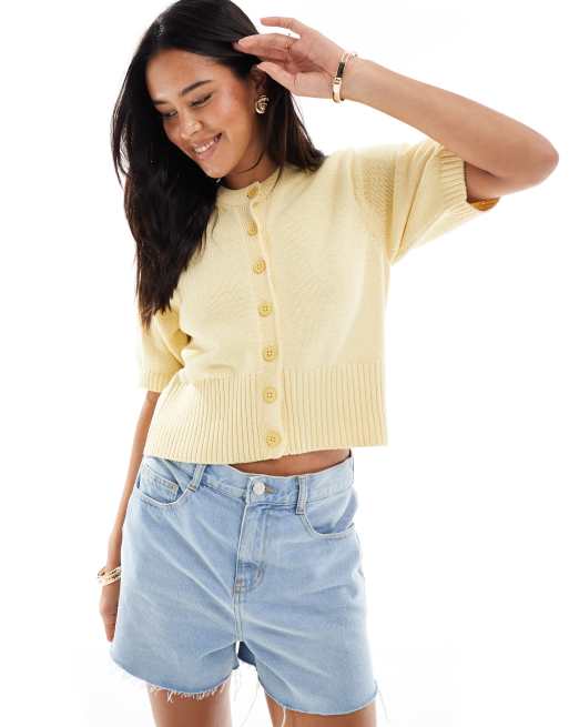 ASOS DESIGN - Cardigan a maniche corte in maglia compatta color latticello