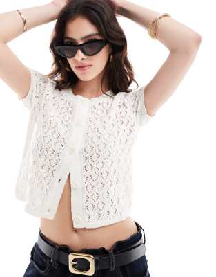 ASOS DESIGN - Cardigan a maniche corte in maglia traforata color crema