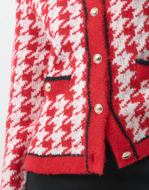 ASOS DESIGN cardigan a pied de poule con bottoni dorati rosso, 4 di 5