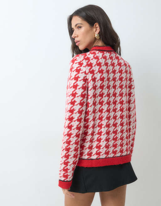 ASOS DESIGN cardigan a pied de poule con bottoni dorati rosso, 5 di 5