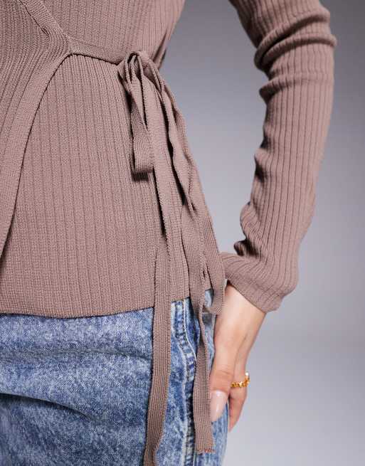 ASOS DESIGN - Cardigan a portafoglio in maglia color mocha a coste, 3 di 4