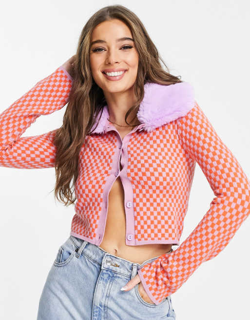 ASOS DESIGN - Cardigan a quadri con colletto in pelliccia sintetica