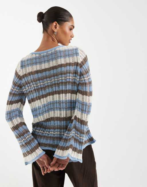 ASOS DESIGN - Cárdigan a rayas azules de punto calado enrejado, 4 de 4