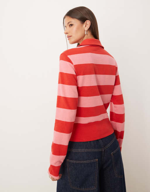 ASOS DESIGN - Cardigan a righe testurizzato rosso e rosa con colletto, 4 di 4