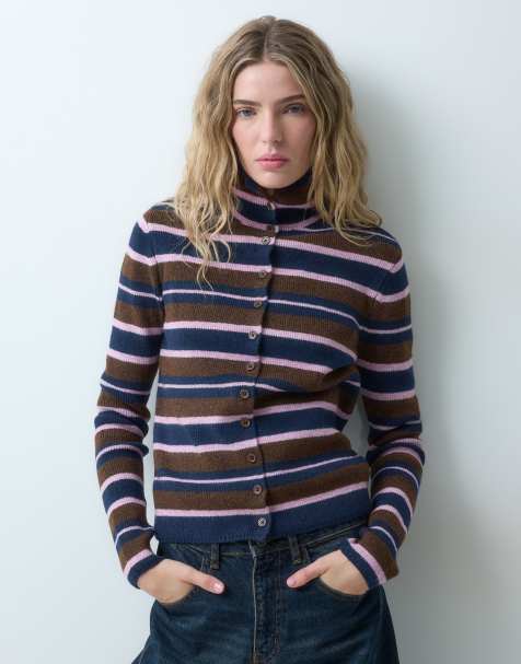 ASOS DESIGN cárdigan acanalado con cuello alzado a rayas en rosa chocolate y azul marino - view 1