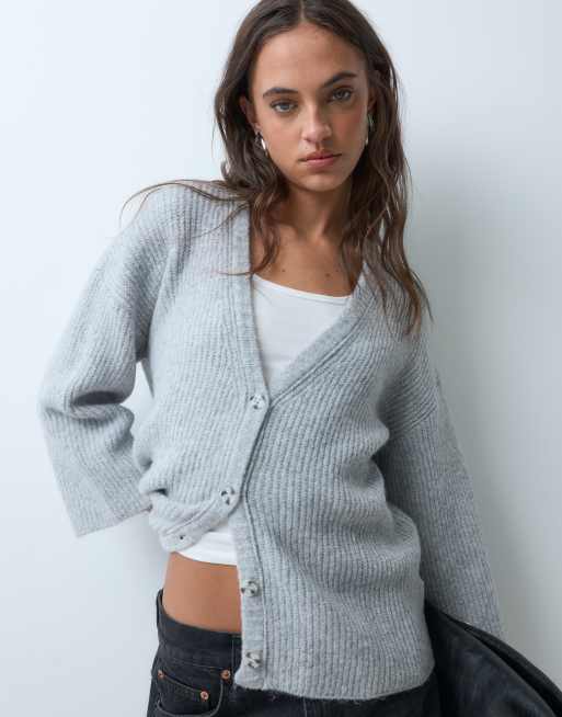 ASOS DESIGN cárdigan acanalado con cuello de pico y mangas anchas de 3/4 en gris, 5 de 5