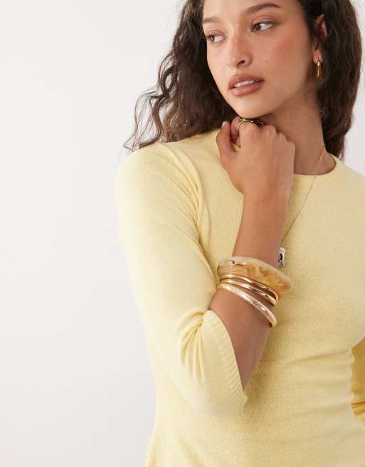 ASOS DESIGN - Cárdigan amarillo pastel de manga tres cuartos de punto, 3 de 4