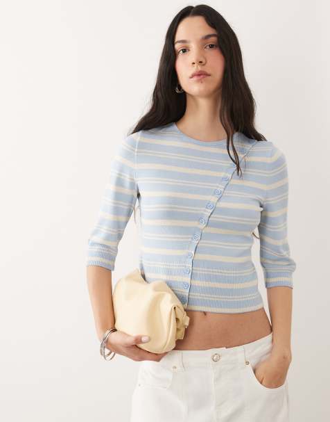 ASOS DESIGN - Cardigan asimmetrico in maglia fine blu a righe - view 1