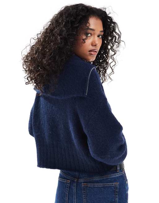 ASOS DESIGN - Cardigan blu navy con tasche, colletto e zip, 2 di 4