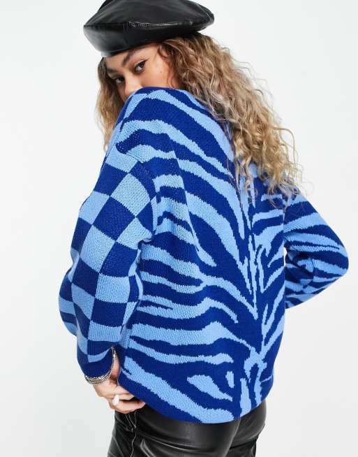 ASOS DESIGN - Cardigan blu taglio lungo in stampa mista animalier e a quadri, 2 di 4