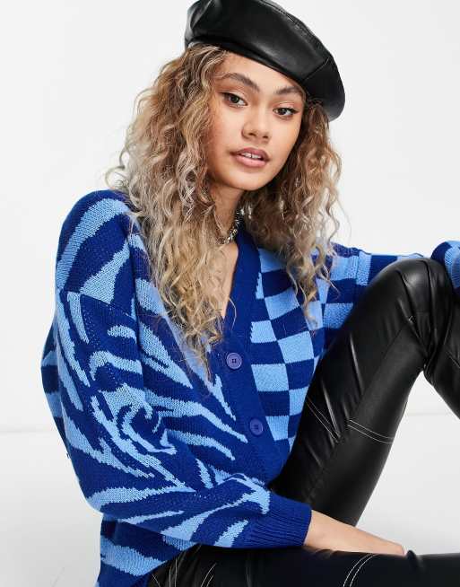 ASOS DESIGN - Cardigan blu taglio lungo in stampa mista animalier e a quadri, 3 di 4