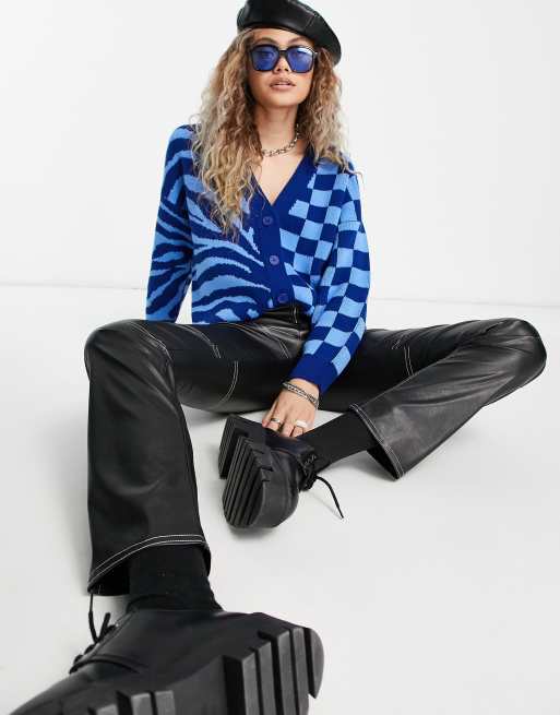 ASOS DESIGN - Cardigan blu taglio lungo in stampa mista animalier e a quadri, 4 di 4