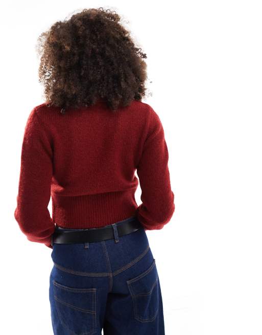 ASOS DESIGN - Cardigan bordeaux con abbottonatura asimmetrica e colletto, 3 di 4