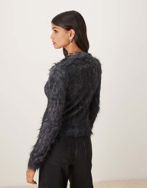 ASOS DESIGN - Cardigan classico in maglia molto pelosa grigio, 4 di 4