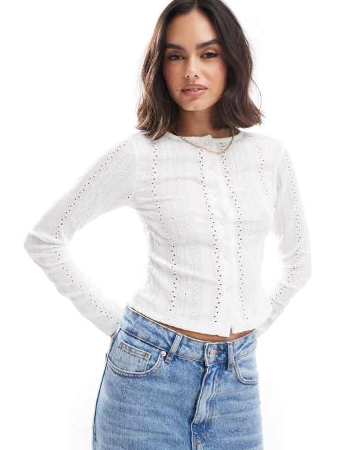 ASOS DESIGN - Cardigan color avorio in pizzo sangallo