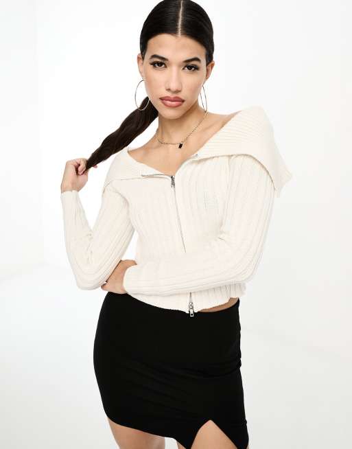 ASOS DESIGN - Cardigan color crema a coste con spalle scoperte e zip