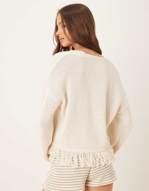 ASOS DESIGN - Cardigan color crema con frange sull'orlo, 3 di 4