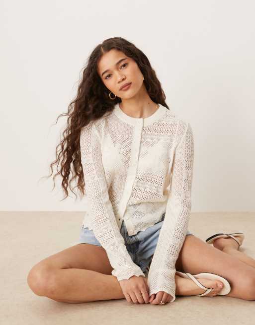 ASOS DESIGN - Cardigan color crema in maglia con impunture con motivo patchwork