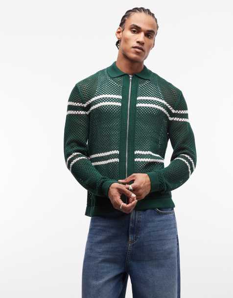 ASOS DESIGN - Cardigan comodo in maglia airtex a righe verde scuro con zip - view 1