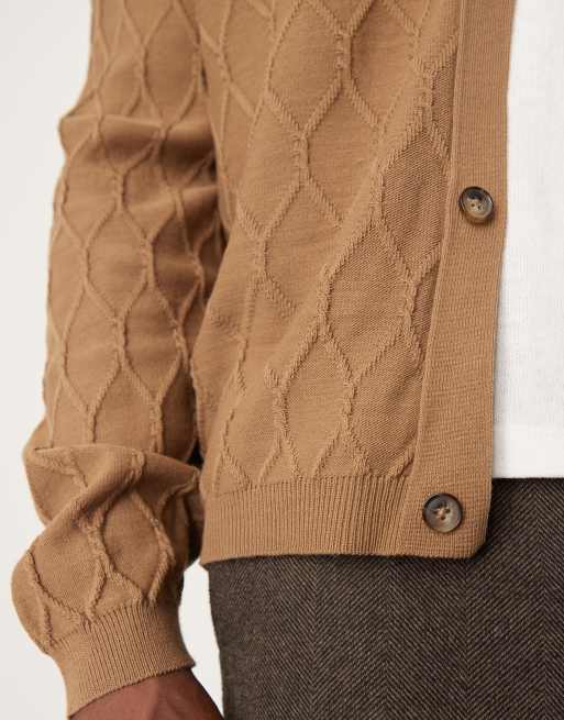 ASOS DESIGN - Cardigan comodo in maglia leggera marrone con cuciture a rombi, 3 di 4