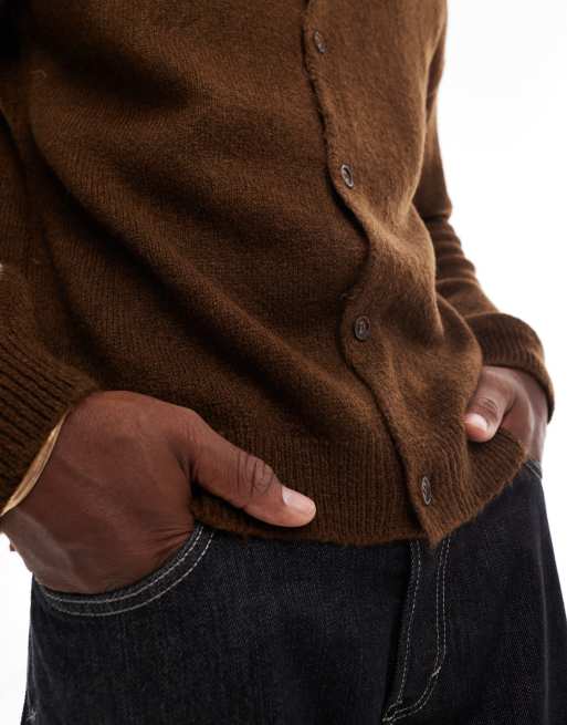 ASOS DESIGN - Cardigan comodo in maglia marrone con colletto, 2 di 4