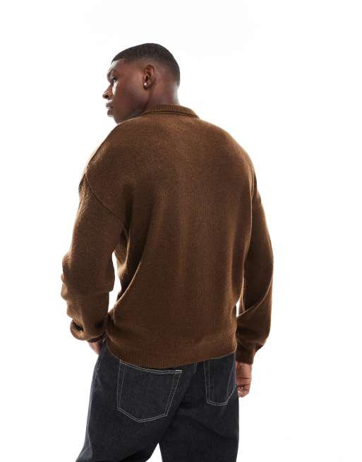 ASOS DESIGN - Cardigan comodo in maglia marrone con colletto, 4 di 4