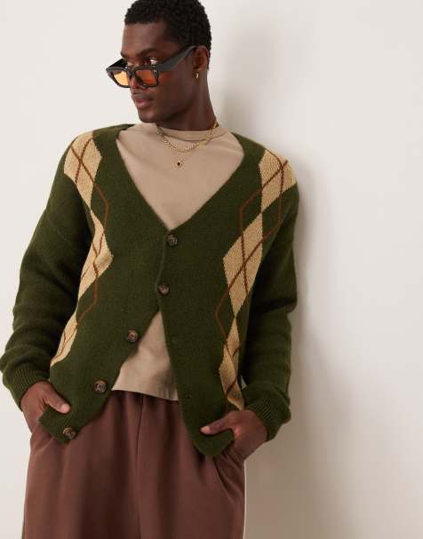ASOS DESIGN - Cardigan comodo in maglia soffice kaki con motivo a rombi - view 1