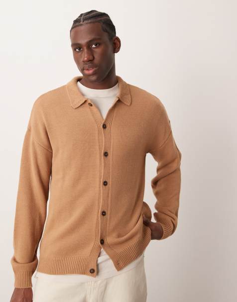 ASOS DESIGN - Cardigan comodo squadrato color pietra in maglia con colletto - view 1