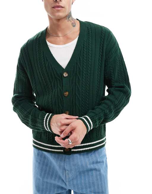 ASOS DESIGN - Cardigan comodo squadrato in maglia lavorata a trecce verde scuro con profili crema