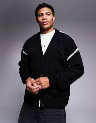 ASOS DESIGN - Cardigan comodo squadrato nero in maglia con cuciture a vista