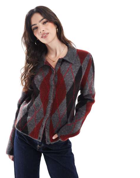 ASOS DESIGN - Cardigan con colletto grigio con motivo a rombi - view 1