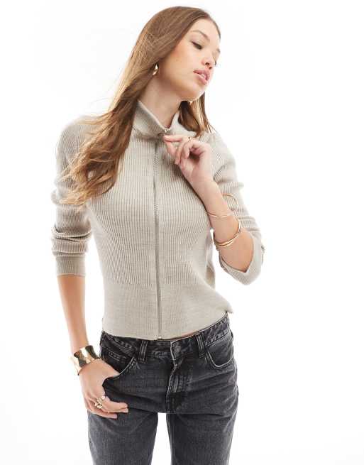 ASOS DESIGN - Cardigan con collo a imbuto e zip color crema