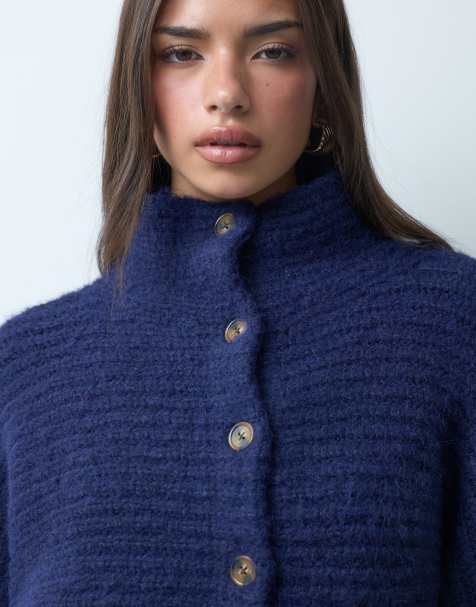 ASOS DESIGN cárdigan con cuello alzado y botones en azul marino - view 1