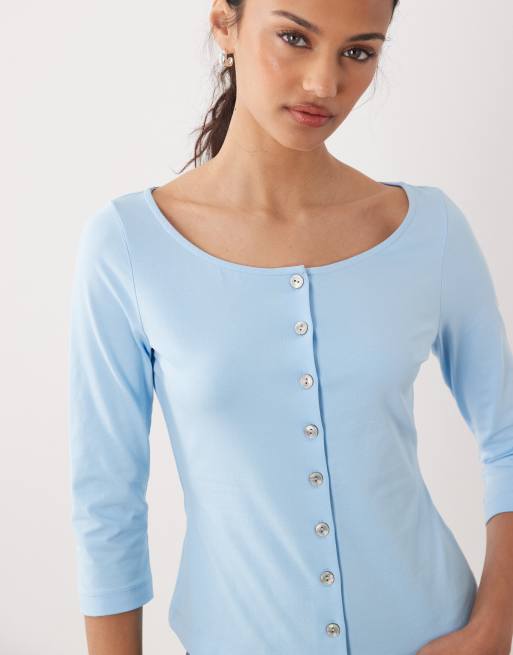 ASOS DESIGN - Cardigan con scollo a barchetta e fondo sagomato con maniche a tre quarti celeste, 3 di 4
