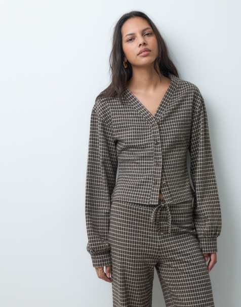 ASOS DESIGN cardigan coordinato a quadri con scollo a V marrone - view 1