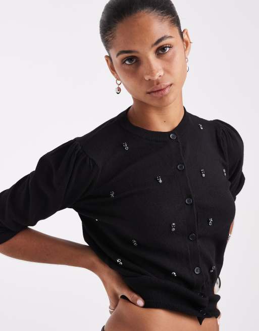 ASOS DESIGN cárdigan corto de manga abullonada en negro, 3 de 4