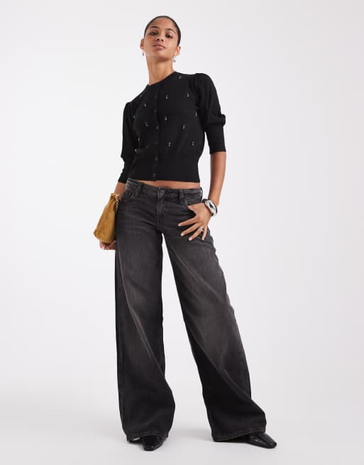 ASOS DESIGN cárdigan corto de manga abullonada en negro, 4 de 4