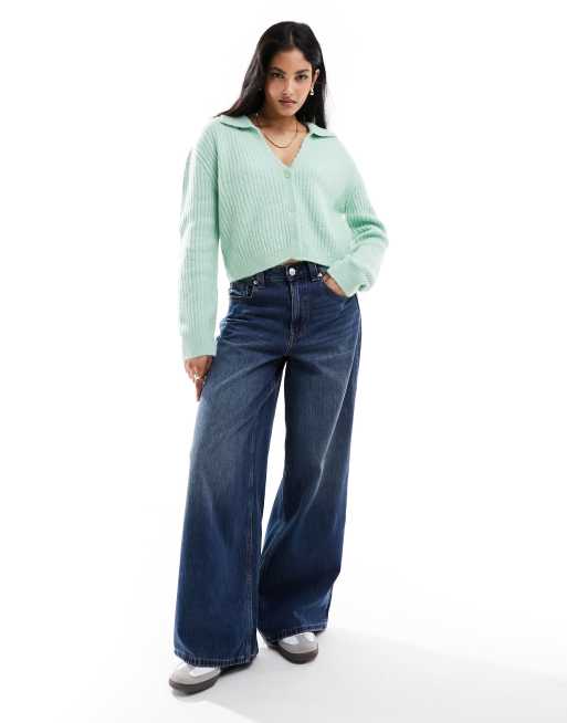 ASOS DESIGN - Cardigan corto verde salvia a coste con colletto