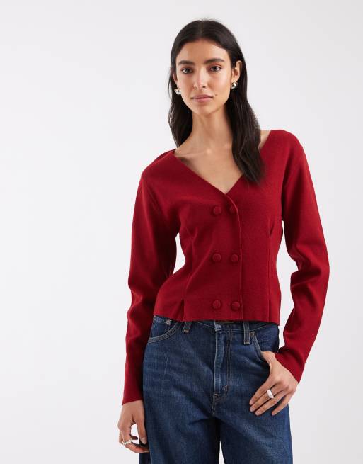 ASOS DESIGN cardigan croisé à manches bouffantes, col V et ourlet plissé, rouge, 3 de 4