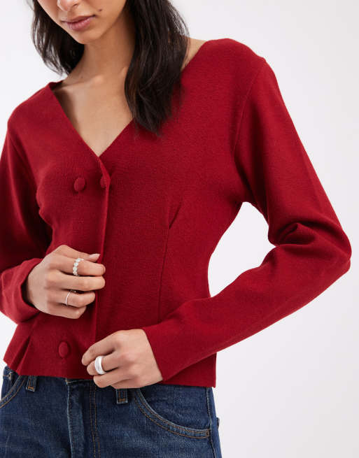 ASOS DESIGN cardigan croisé à manches bouffantes, col V et ourlet plissé, rouge, 4 de 4