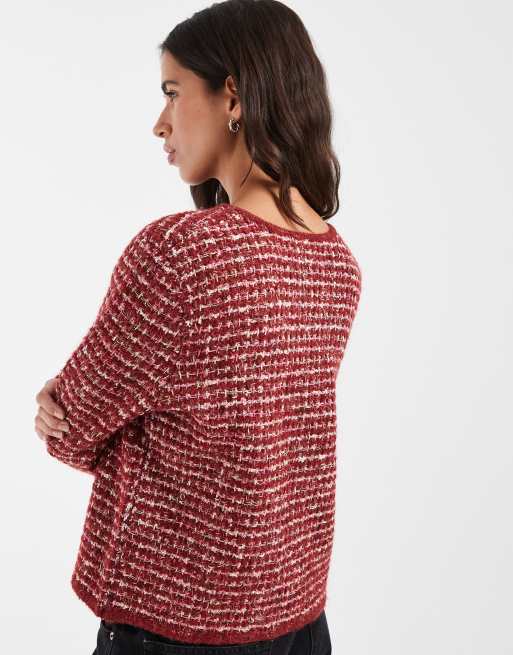 ASOS DESIGN - cárdigan de punto texturizado bouclé con cuello redondo en rojo, 3 de 4