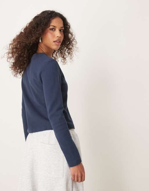 ASOS DESIGN - Cardigan girocollo blu navy a nido d'ape, 4 di 4